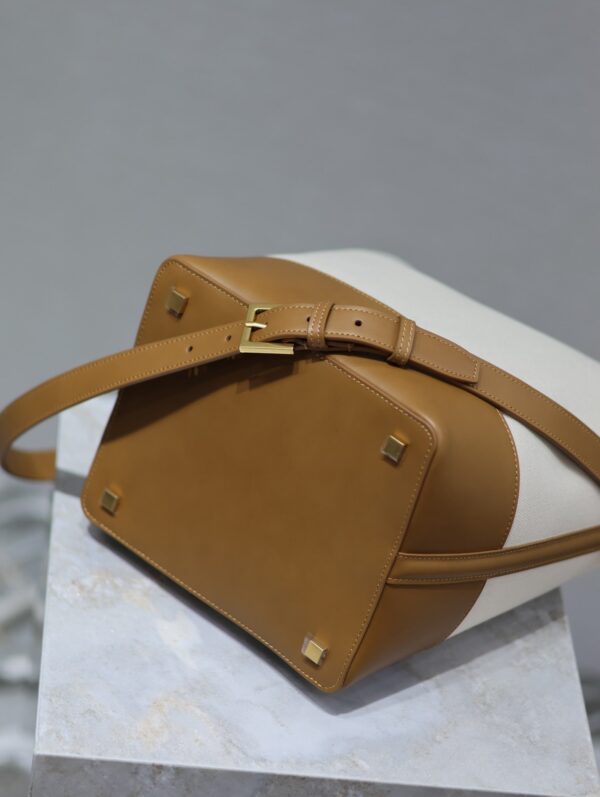 YSL 25S LE 5 À 7 BUCKET 26 IN CREAM BROWN CALFSKIN AND CANVAS GOLD HARDWARE