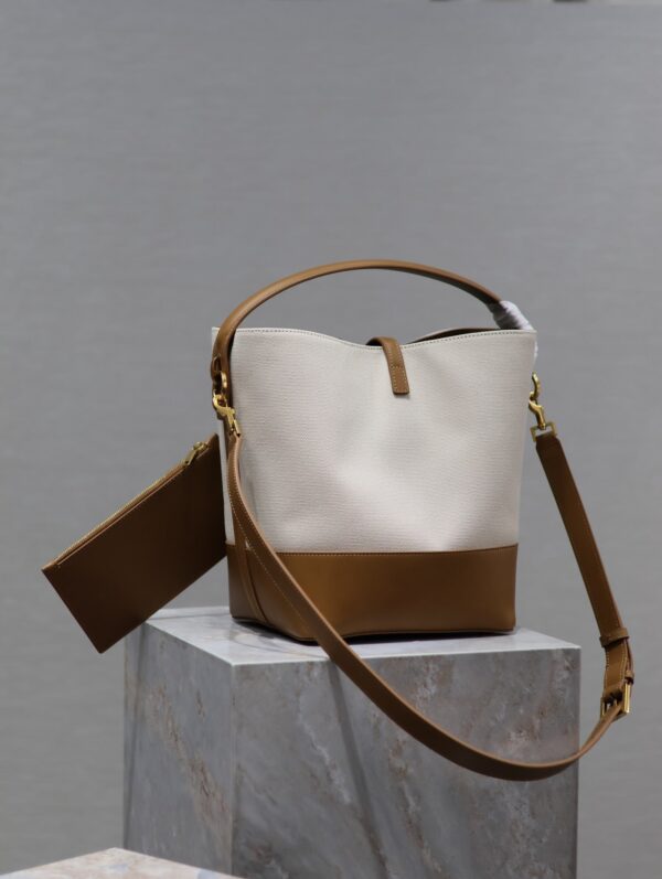 YSL 25S LE 5 À 7 BUCKET 26 IN CREAM BROWN CALFSKIN AND CANVAS GOLD HARDWARE