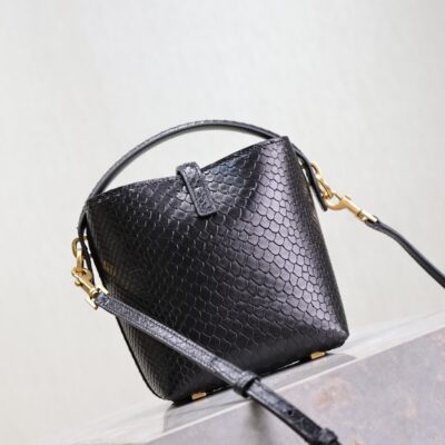 YSL 25S LE 37 BUCKET 15 IN BLACK SNAKE EMBOSSED CALFSKIN GOLD HARDWARE