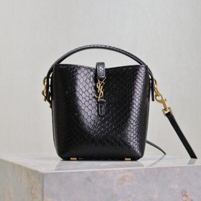 YSL 25S LE 37 BUCKET 15 IN BLACK SNAKE EMBOSSED CALFSKIN GOLD HARDWARE