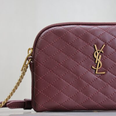 GABY ZIPPED POUCH 19 IN WINE RED QUILTED LAMBSKIN GOLD HARDWARE