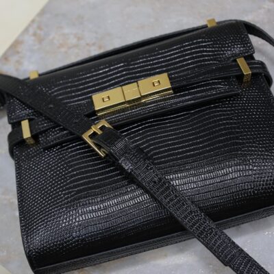 YSL 25S MINI MANHATTAN 19 IN BLACK SHINY CROCODILE CALFSKIN GOLD HARDWARE
