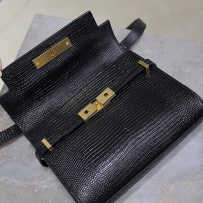 YSL 25S MINI MANHATTAN 19 IN BLACK SHINY CROCODILE CALFSKIN GOLD HARDWARE