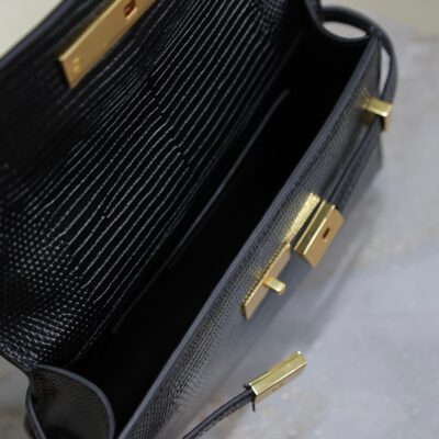 YSL 25S MINI MANHATTAN 19 IN BLACK SHINY CROCODILE CALFSKIN GOLD HARDWARE