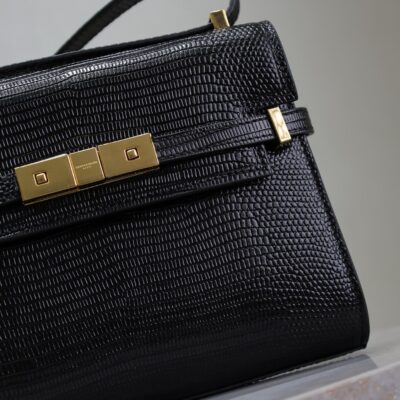 YSL 25S MINI MANHATTAN 19 IN BLACK SHINY CROCODILE CALFSKIN GOLD HARDWARE