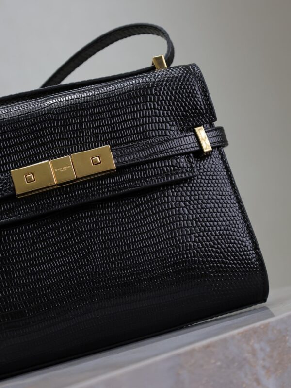 YSL 25S MINI MANHATTAN 19 IN BLACK SHINY CROCODILE CALFSKIN GOLD HARDWARE