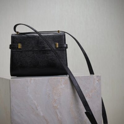 YSL 25S MINI MANHATTAN 19 IN BLACK SHINY CROCODILE CALFSKIN GOLD HARDWARE