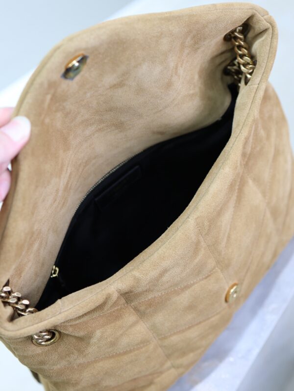 YSL 25S LOULOU PUFFER GM 35 IN TAN BROWN SUEDE GOLD HARDWARE
