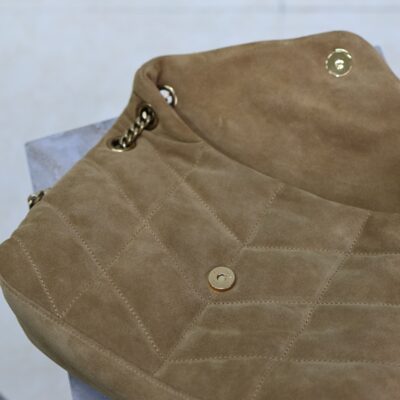 YSL 25S LOULOU PUFFER MM 29 IN TAN BROWN SUEDE GOLD HARDWARE