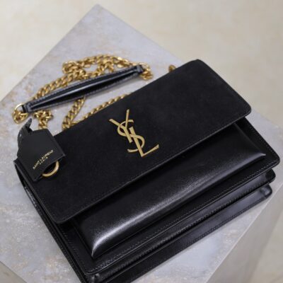 YSL 25S SUNSET BAG 22 IN BLACK CALFSKIN AND SUEDE GOLD HARDWRE