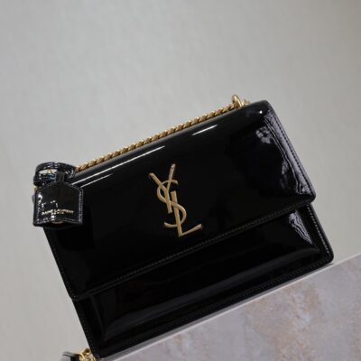YSL 25S SUNSET MEDIUM 22 IN BLACK SHINY CALFSKIN GOLD HARDWRE