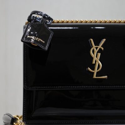 YSL 25S SUNSET MEDIUM 22 IN BLACK SHINY CALFSKIN GOLD HARDWRE