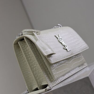 YSL 25S SUNSET MEDIUM 22 IN IVORY CROCODILE-EMBOSSED SHINY CALFSKIN SILVER HARDWRE