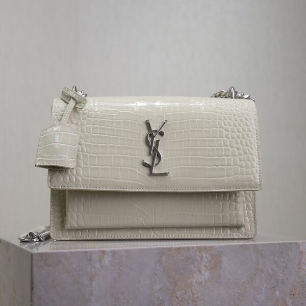 YSL 25S SUNSET MEDIUM 22 IN IVORY CROCODILE-EMBOSSED SHINY CALFSKIN SILVER HARDWRE