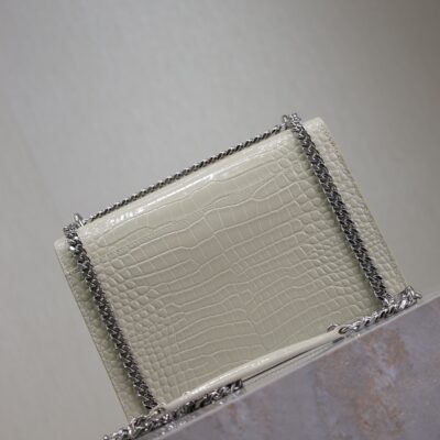 YSL 25S SUNSET MEDIUM 22 IN IVORY CROCODILE-EMBOSSED SHINY CALFSKIN SILVER HARDWRE