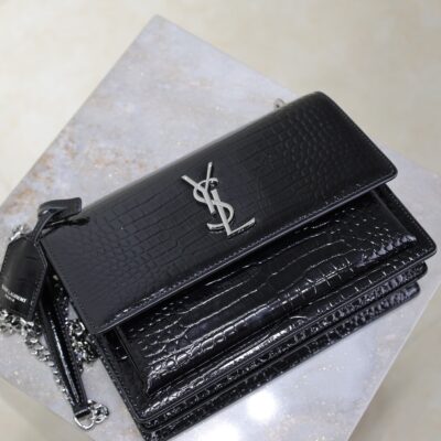 YSL 25S SUNSET MEDIUM 22 IN BLACK CROCODILE-EMBOSSED SHINY CALFSKIN SILVER HARDWRE