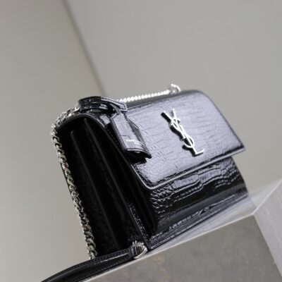 YSL 25S SUNSET MEDIUM 22 IN BLACK CROCODILE-EMBOSSED SHINY CALFSKIN SILVER HARDWRE