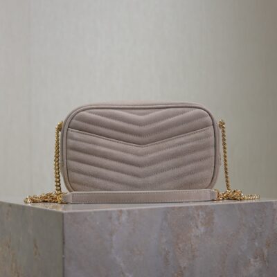 LOU MINI CAMERA BAG 18 IN SILVER PINK SUEDE GOLD HARDWARE