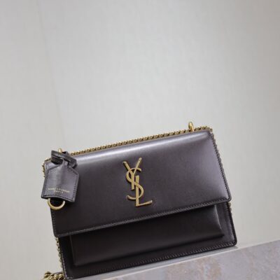 YSL 25S SUNSET BAG 22 IN COFEE BROWN CALFSKIN GOLD HARDWRE