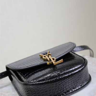 KAIA SMALL CROCODILE PATTERN BAG 18 IN BLACK GLOSSY CALFSKIN COPPER HARDWARE