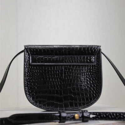 KAIA SMALL CROCODILE PATTERN BAG 18 IN BLACK GLOSSY CALFSKIN COPPER HARDWARE