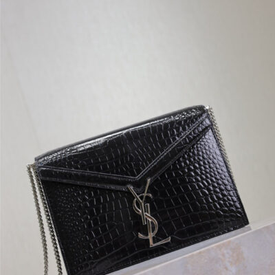 CASSANDRA CHAIN BAG 22 IN BLACK CROCODILE PATTERN CALFSKIN SILVER HARDWARE