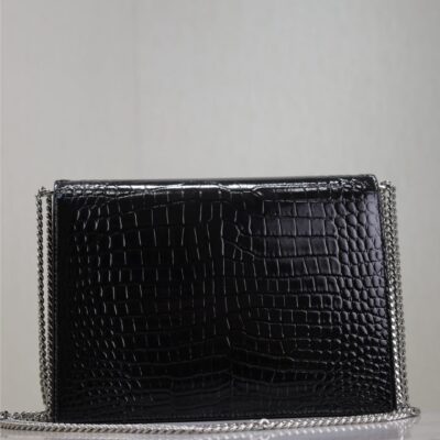 CASSANDRA CHAIN BAG 22 IN BLACK CROCODILE PATTERN CALFSKIN SILVER HARDWARE