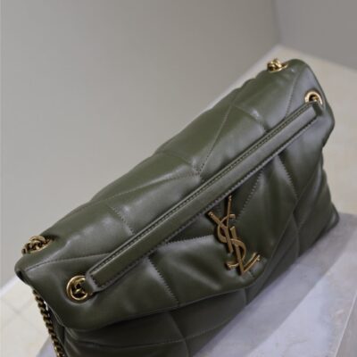 YSL 25S LOULOU PUFFER GM 35 IN DARK OLIVE CALFSKIN GOLD HARDWARE