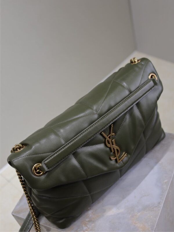 YSL 25S LOULOU PUFFER GM 35 IN DARK OLIVE CALFSKIN GOLD HARDWARE