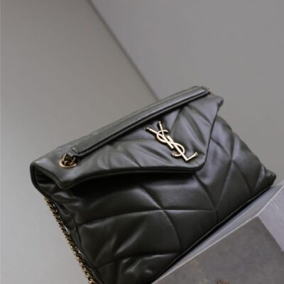 YSL 25S LOULOU PUFFER GM 35 IN DARK OLIVE CALFSKIN GOLD HARDWARE