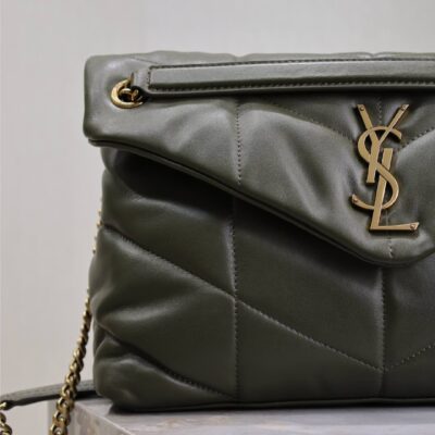 YSL 25S LOULOU PUFFER GM 35 IN DARK OLIVE CALFSKIN GOLD HARDWARE
