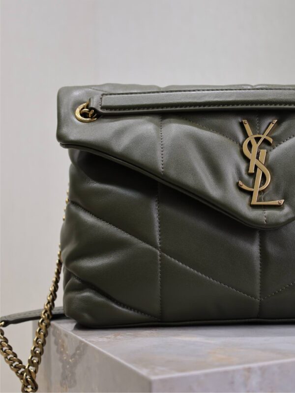 YSL 25S LOULOU PUFFER GM 35 IN DARK OLIVE CALFSKIN GOLD HARDWARE
