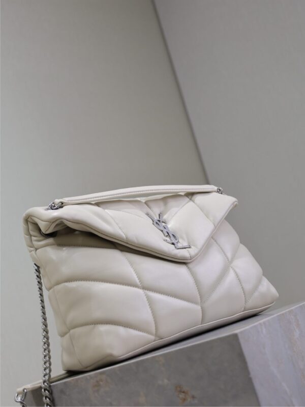 YSL 25S LOULOU PUFFER GM 35 IN SMOKEY TAUPE CALFSKIN SILVER HARDWARE