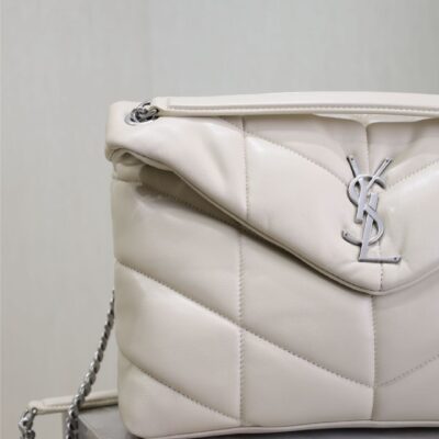 YSL 25S LOULOU PUFFER GM 35 IN SMOKEY TAUPE CALFSKIN SILVER HARDWARE