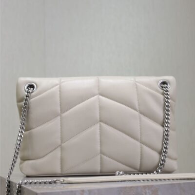 YSL 25S LOULOU PUFFER MM 29 IN SMOKEY TAUPE CALFSKIN SILVER HARDWARE