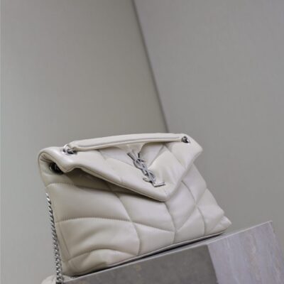 YSL 25S LOULOU PUFFER MM 29 IN SMOKEY TAUPE CALFSKIN SILVER HARDWARE