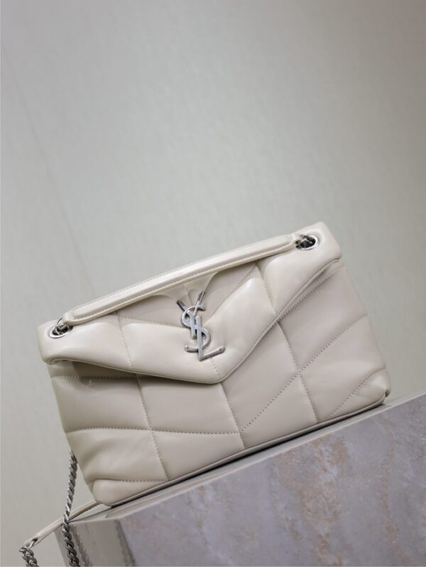 YSL 25S LOULOU PUFFER MM 29 IN SMOKEY TAUPE CALFSKIN SILVER HARDWARE