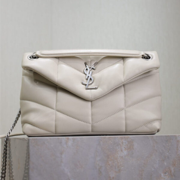 YSL 25S LOULOU PUFFER MM 29 IN SMOKEY TAUPE CALFSKIN SILVER HARDWARE