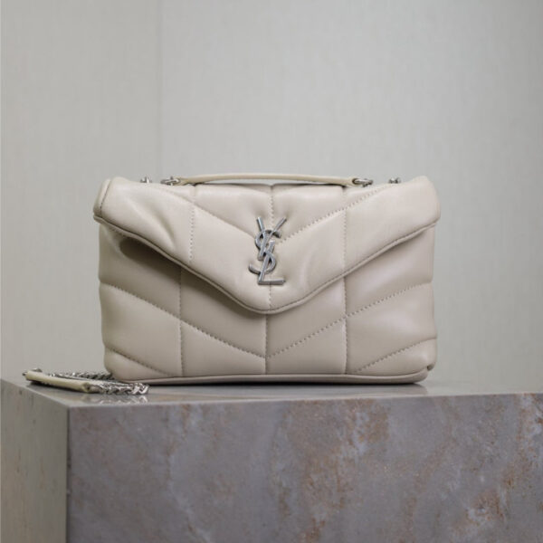 YSL 25S LOULOU PUFFER MINI 23 IN SMOKEY TAUPE CALFSKIN SILVER HARDWRE