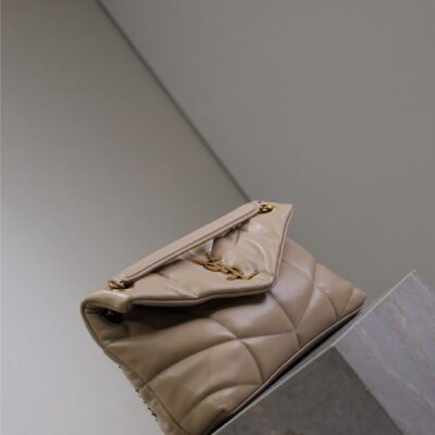 YSL 25S LOULOU PUFFER MM 29 IN BROWN CALFSKIN GOLD HARDWRE