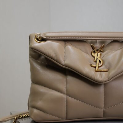 YSL 25S LOULOU PUFFER MM 29 IN BROWN CALFSKIN GOLD HARDWRE