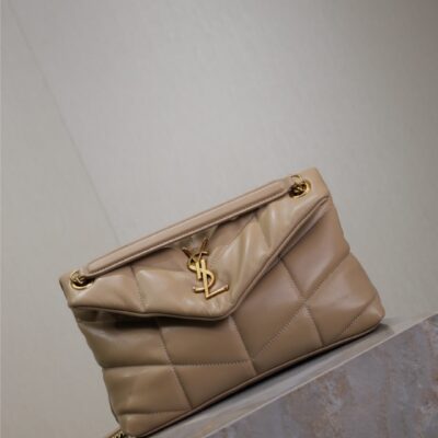 YSL 25S LOULOU PUFFER MM 29 IN BROWN CALFSKIN GOLD HARDWRE