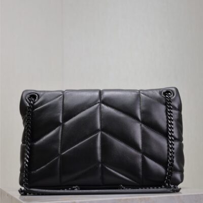 YSL 25S LOULOU PUFFER MM 29 IN BLACK CALFSKIN BLACK HARDWARE