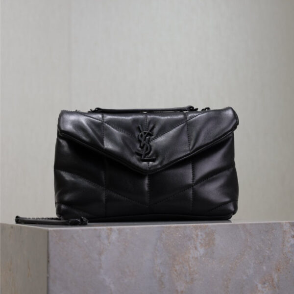 YSL 25S LOULOU PUFFER MINI 23 IN BLACK CALFSKIN BLACK HARDWARE