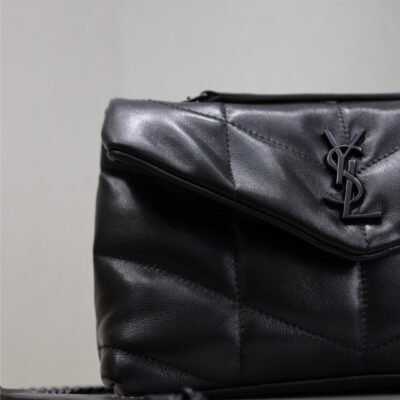 YSL 25S LOULOU PUFFER MINI 23 IN BLACK CALFSKIN BLACK HARDWARE