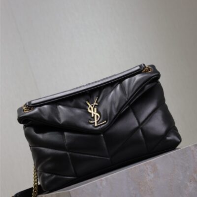 YSL 25S LOULOU PUFFER GM 35 IN BLACK CALFSKIN GOLD HARDWRE