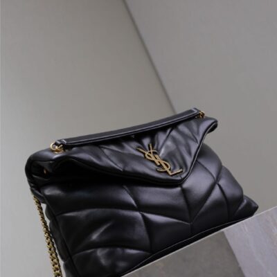 YSL 25S LOULOU PUFFER GM 35 IN BLACK CALFSKIN GOLD HARDWARE