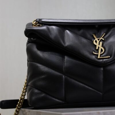 YSL 25S LOULOU PUFFER GM 35 IN BLACK CALFSKIN GOLD HARDWRE