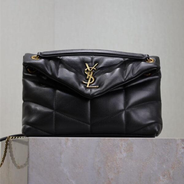 YSL 25S LOULOU PUFFER MM 29 IN BLACK CALFSKIN GOLD HARDWRE