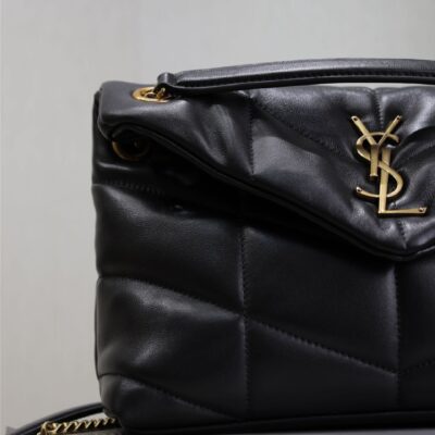 YSL 25S LOULOU PUFFER MM 29 IN BLACK CALFSKIN GOLD HARDWARE